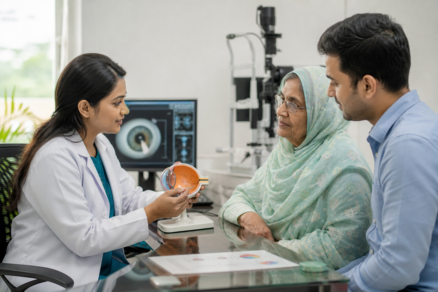 Bangladeshi patient receiving eye consultation