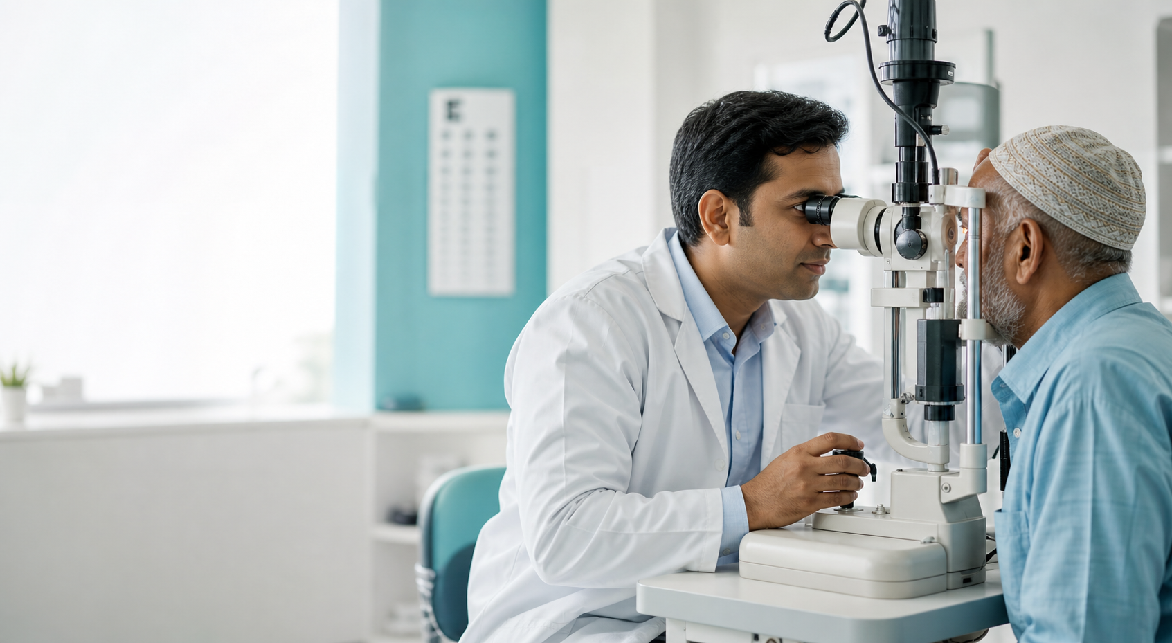 Bangladeshi patient eye examination with ophthalmologist